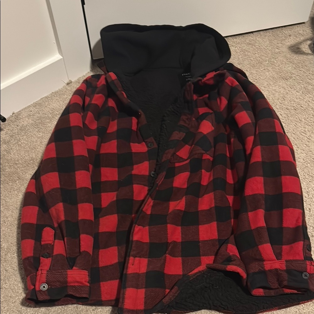 Red and Black Plaid Hooded Jacket